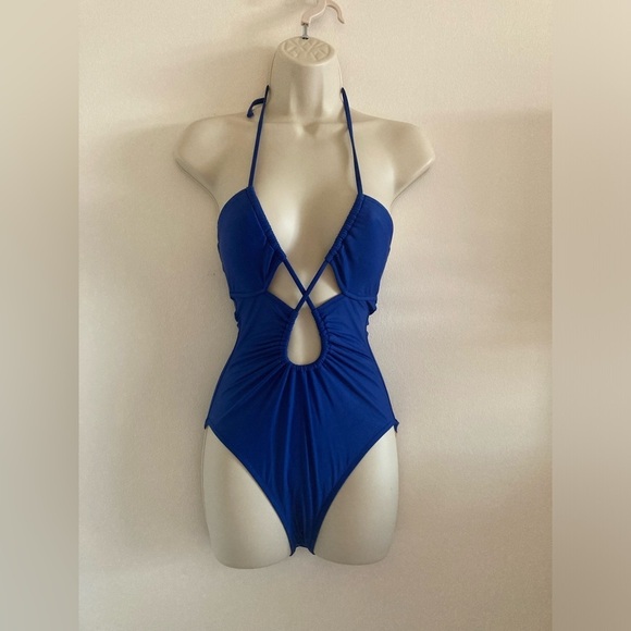 J Crew Cut out Halter One Piece Swimsuit Navy Blue 0 NWT - Picture 1 of 5